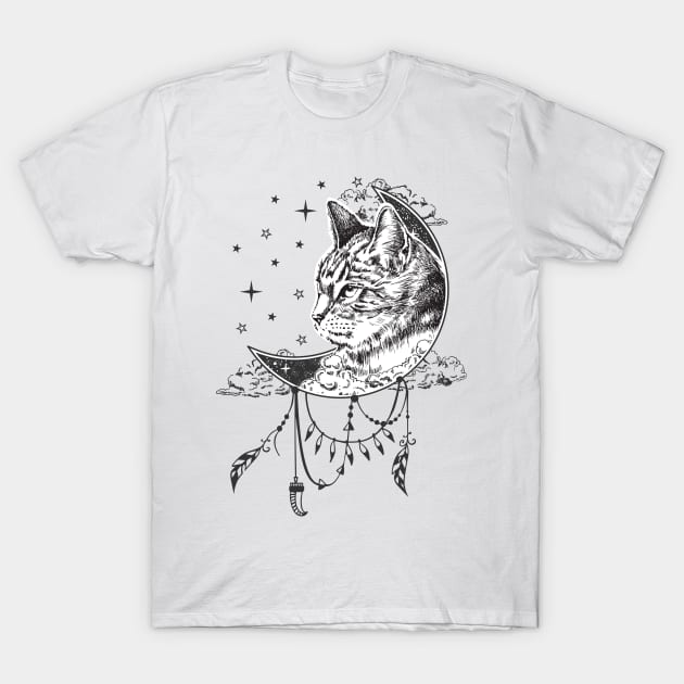 Boho Drawing Cat Face Illustrator T-Shirt by Katheryn's Studio